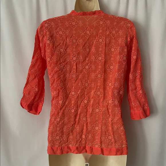 Johnny Was Coral Orange 3/4 Sleeve Floral Eyelet Blouse Shirt Top **Size S** 🌸🌸 - Picture 2 of 5